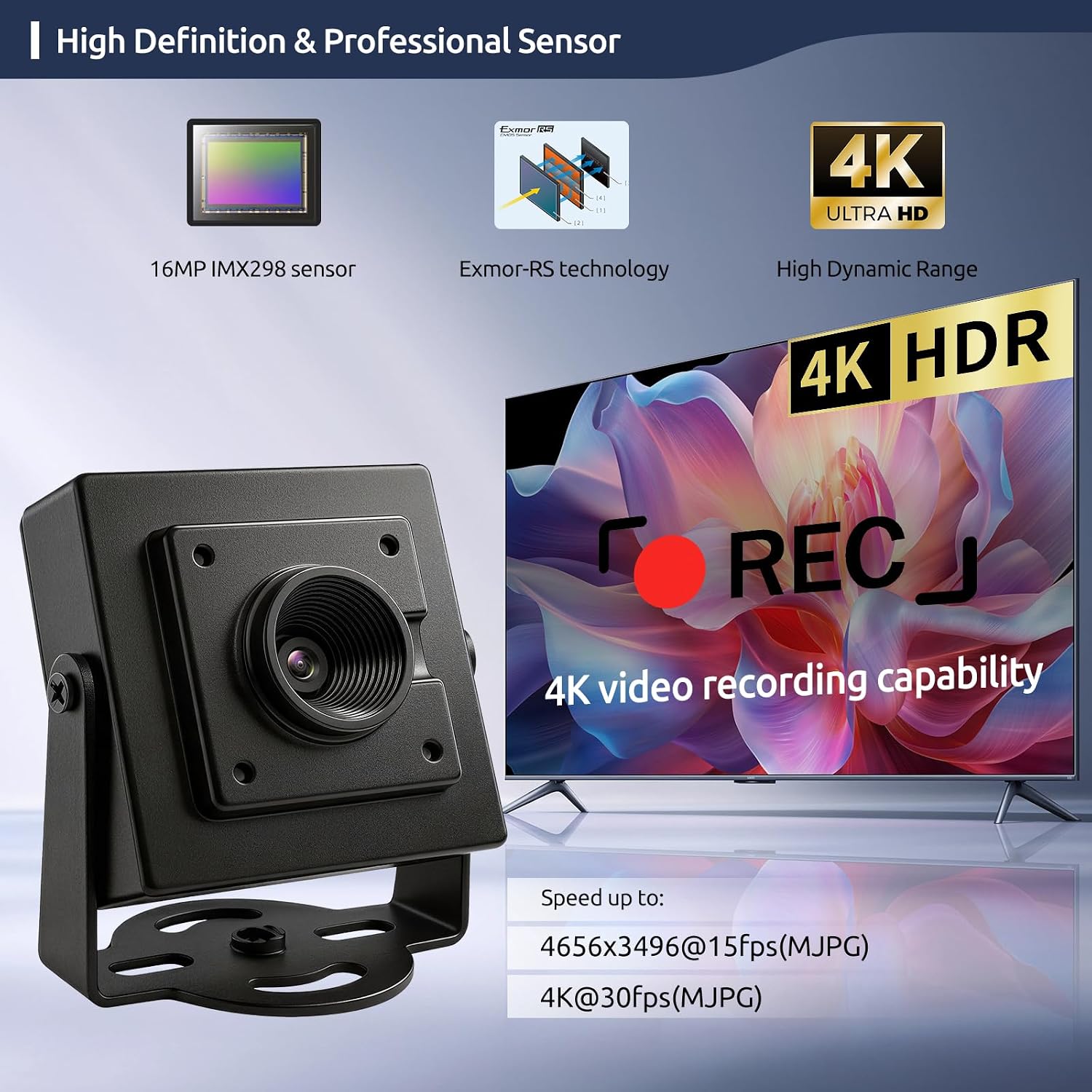 16MP 4656x3496 USB 2.0 UVC Camera with Metal Case, Auto-Focus, 1/2.8" IMX298 HDR Sensor, 4K@30fps, Plug-Play for PC/Raspberry Pi/Jetson Nano/SBCs/Windows/Linux/Android/MacOS