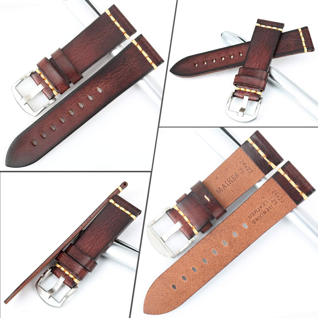 REZERO Cinturini per orologi in pelle, cinturino in pelle conciata, nero/marrone/blu/rosso/verde/grigio, cinturino di ricambio con fibbia nero/argento/oro/oro rosa, per uomini e donne, 18/19/20/21/22
