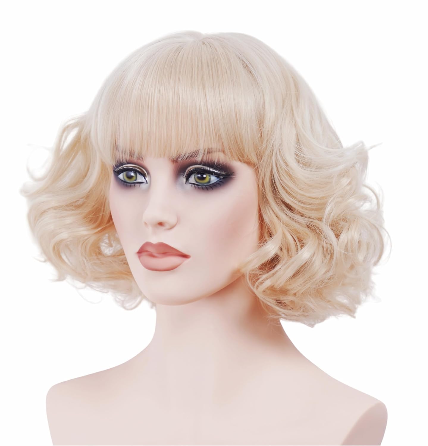 Rugelyss Short Curly Wavy Blonde Wig with Bangs Synthetic Hair Wigs for Women for Cosplay or Party