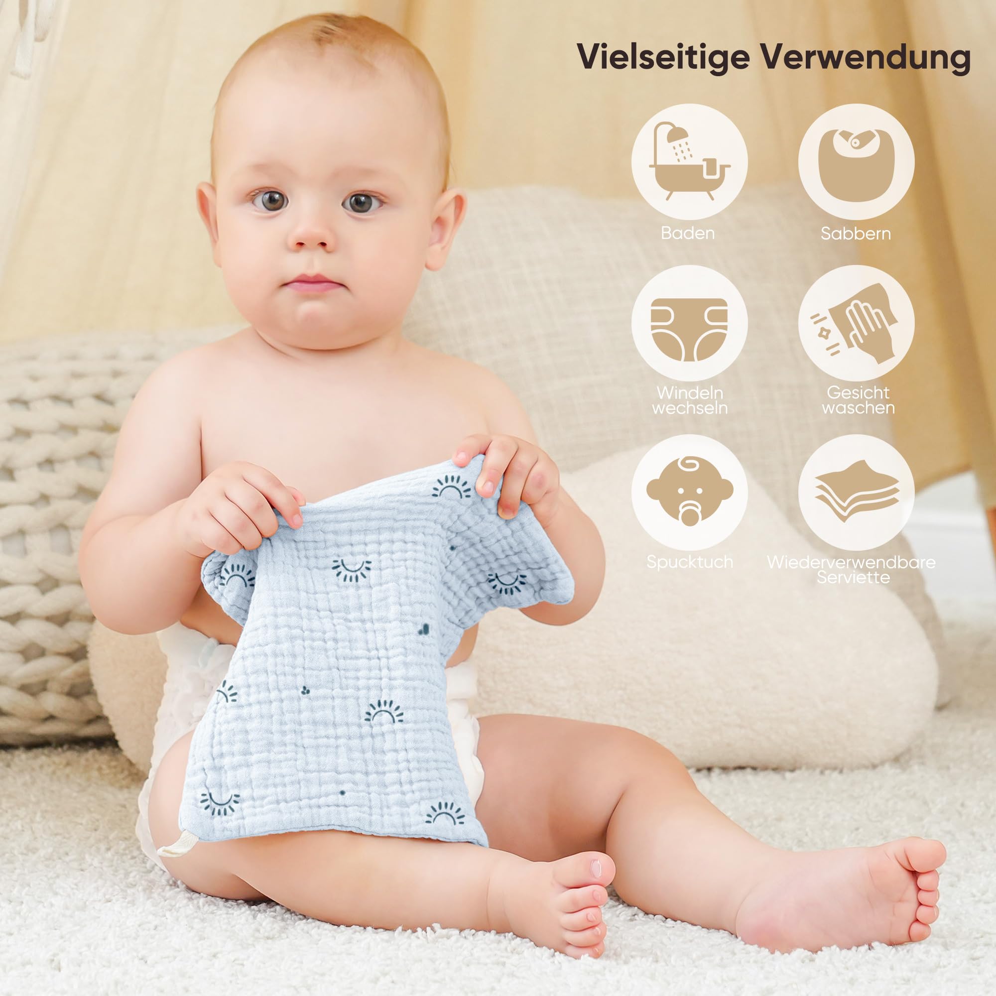 bearmoss Lot de 12 Gants de Toilette en Mousseline 100% Coton Doux, Respirants et extrêmement absorbants pour bébé - 25 x 25 cm (Bleu-Vert)