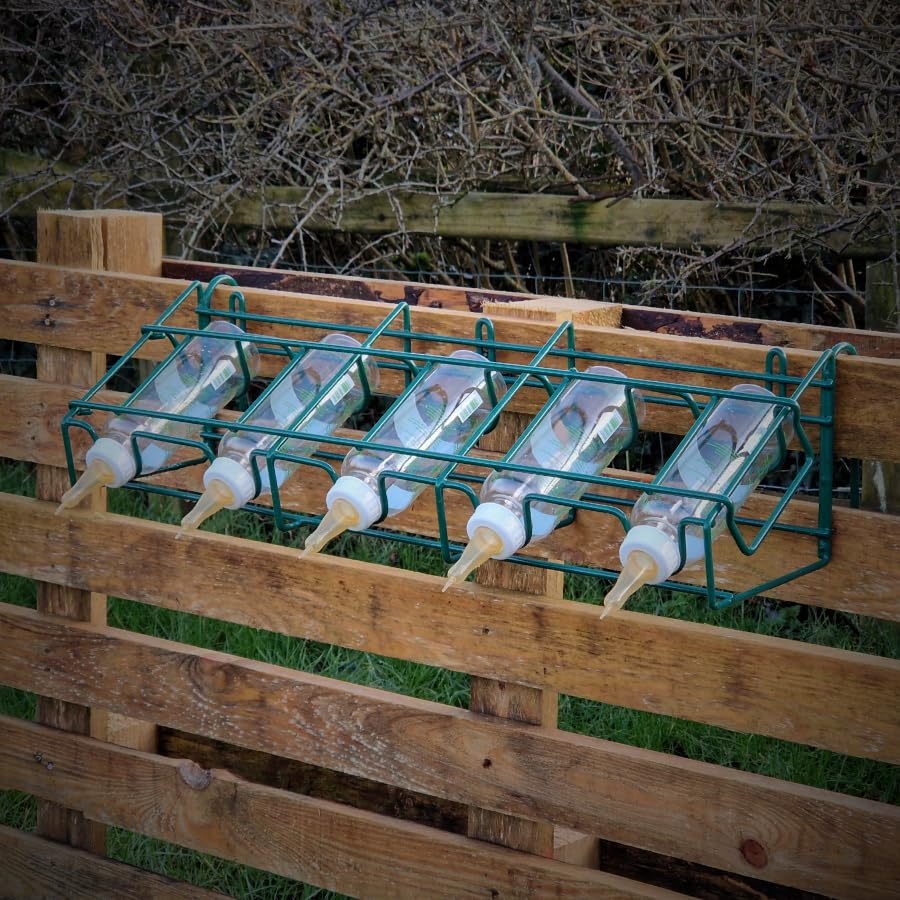 Lamm Flaschenhalter Futterständer mit 5 x 450 ml Nicht-Vac Flaschen & Sauger, Multi-Lamb Feeder Füttert problemlos bis zu 5 Lämmer, Befestigung an Zäunen, Hürden und Wänden (5 x Nicht-Vac Flaschen