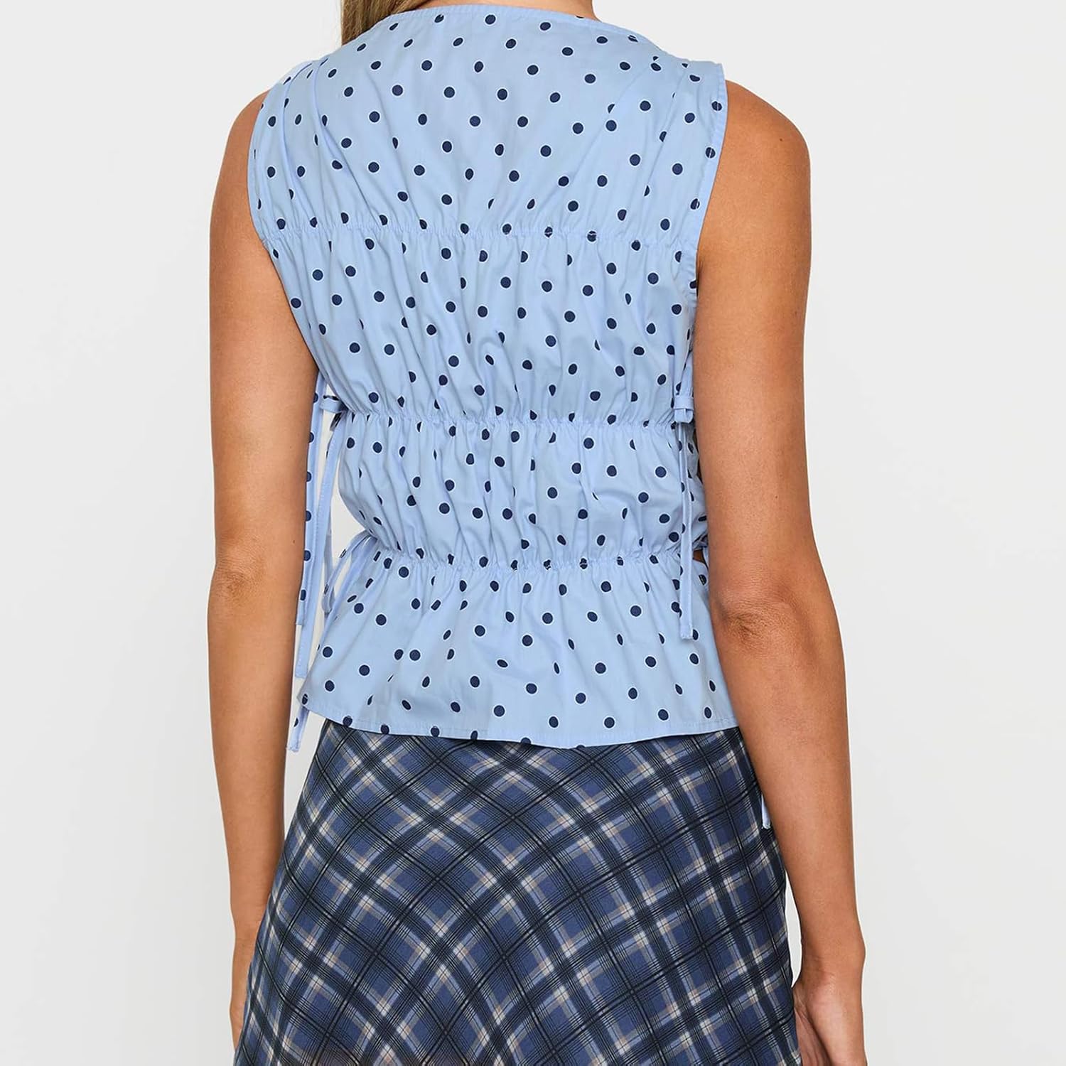 Women Y2k Smocked Tank Top Polka Dot Cute Peplum Crop Top Sleeveless Boat Neck Shirred Going Out Tops - Image 4