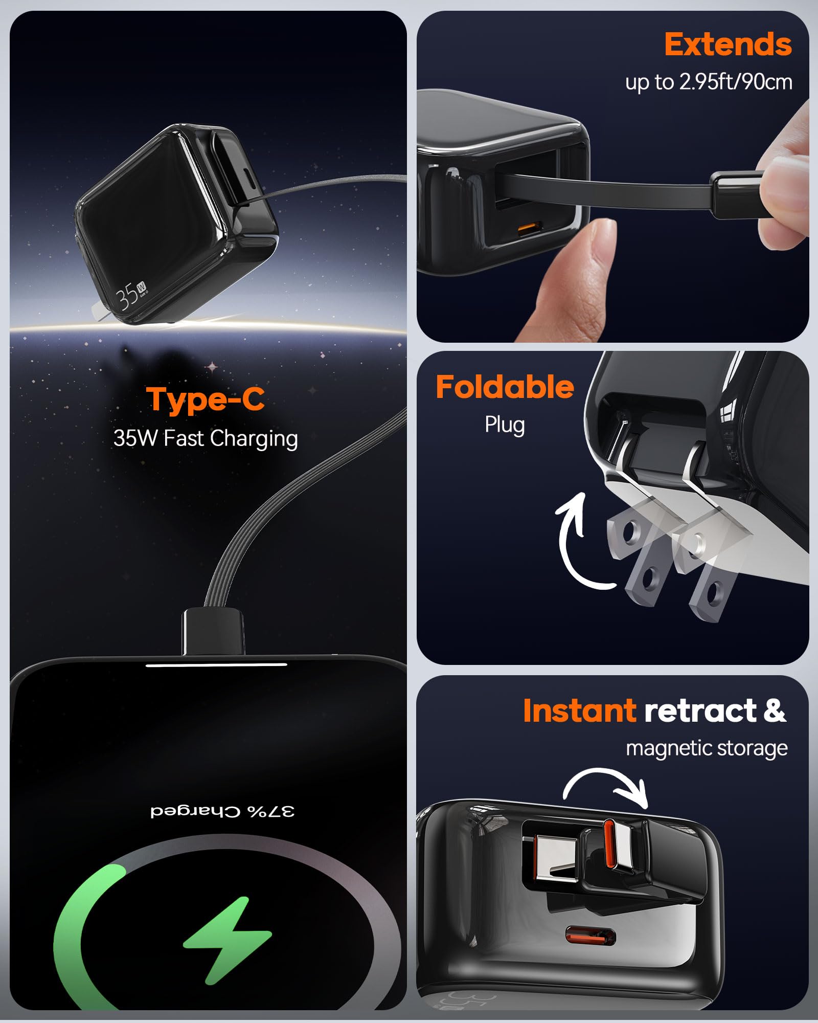 Retractable Wall Charger, 35W Fast USB C Charger Block with Extendable Type C Charing Cable for iPhone 16 15 Galaxy S25 24, Portable Retractable Charging Plug for Home Kitchen Office Travel