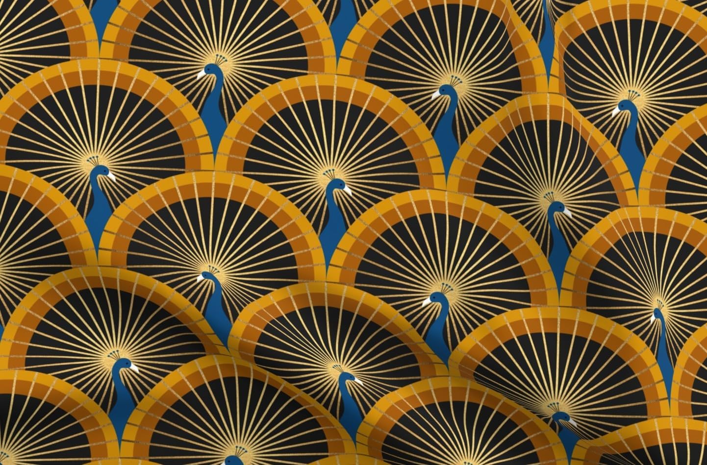 Spoonflower Fabric - Art Deco Peacock Luxurious 1920S Glamour Scallop Geometric Printed on Petal Cotton Fabric Fat Quarter - Sewing Quilting Apparel Crafts Decor