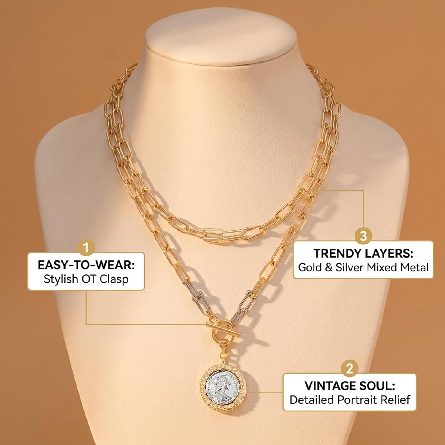 Chunky Gold Coin Necklace for Women 18K Gold Plated Reversible Pendant Necklace 18" Toggle Clasp Thick Chain Statement Jewelry, Vintage Charm Layered Necklaces for Daily Office Wear Fashion Jewelry Gift