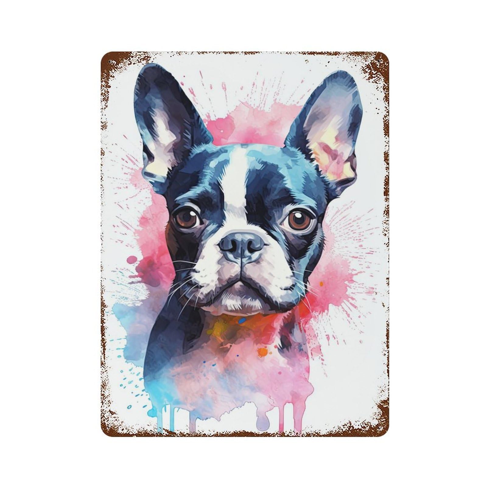 Rusty Metal Tin Sign Boston Terrier Watercolor 15.7"x11.8", Industrial Home Decor for Patio, Garden Room And Bar Decor