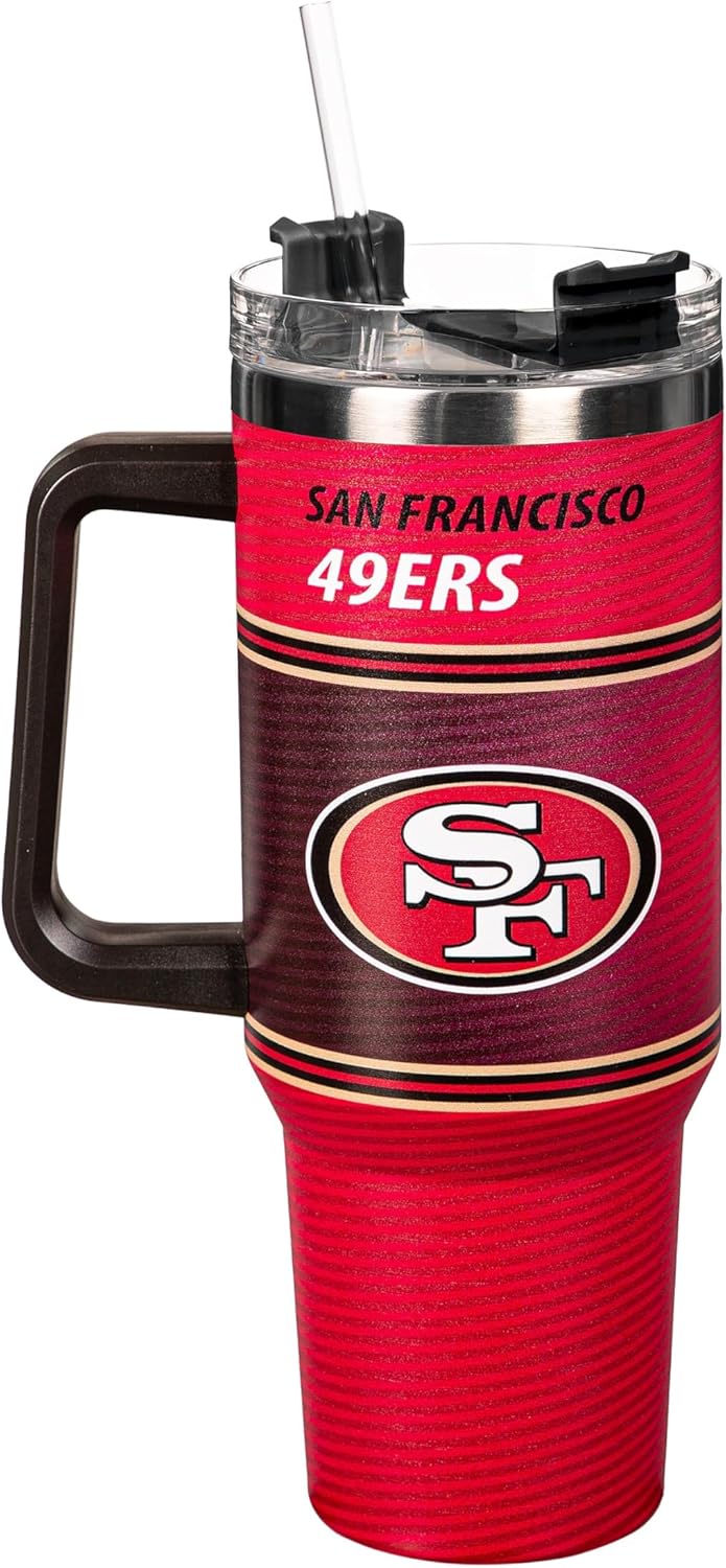 NFL San Francisco 49ers Stainless Steel Tumbler with Handle and Straw, 40oz Double Wall Insulated Cup with Lid, BPA-Free Water Bottle, Officially Licensed Football Travel Mug for coffee, tea