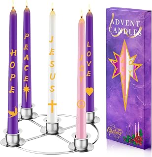 Advent Wreath Candle Holder Set with 5 Taper Candles, Silver Christmas Candle Ring Table Decoration for Advent Christmas Festival Home Church