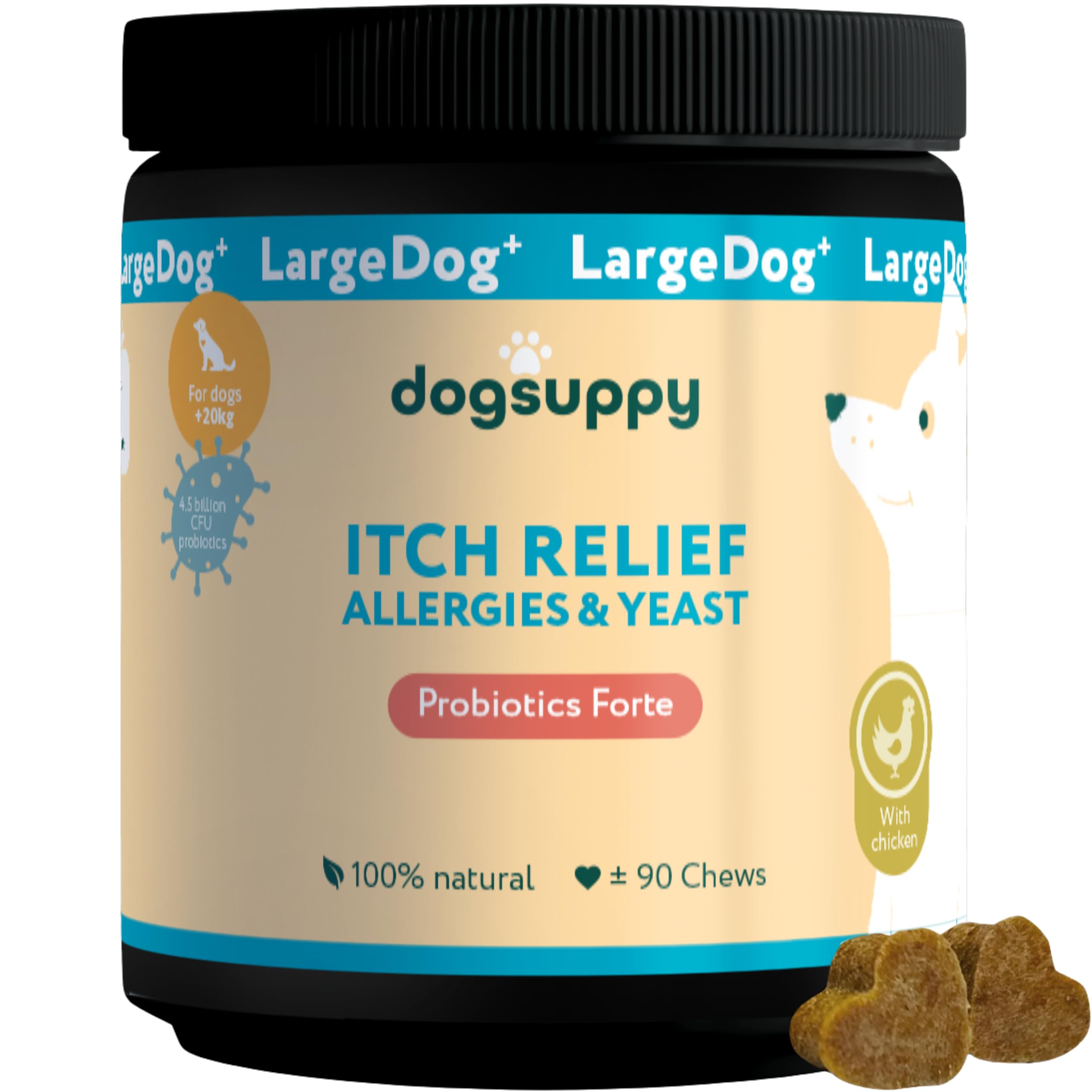 DogSuppy Itch Relief For Dogs – Relieves Itching, Scratching, Licking, Allergies & Yeast, 100% Natural, Supports Gut Health & Immunity – For Large Dogs +20kg | 60 Chews (360g), With chicken