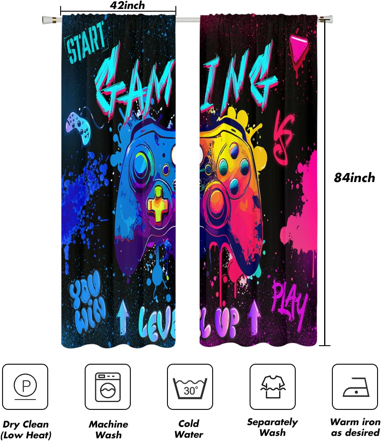 Gaming Curtains 42" W x 84" L Graffiti Gamepad for Gamer Boys Kids Teen Colorful Splashed Ink Cute Game Controller Playroom Living Room Bedroom Window Drapes Treatment Fabric 1 Pair