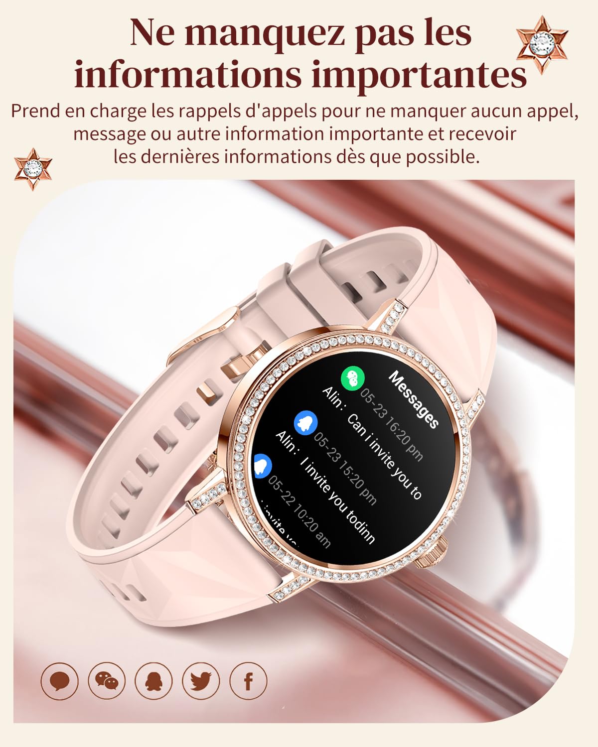 Montre Connectée Femme avec Diamant, Bluetooth/Sommeil/Fréquence Cardiaque