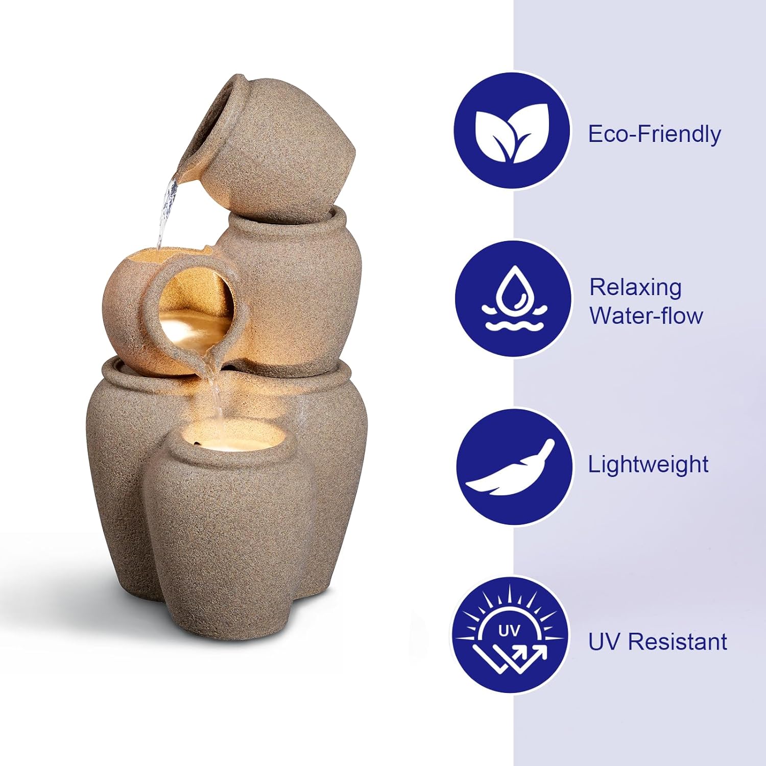 29.53" H Outdoor Water Fountain Made with Eco-Friendly Recyclable Materials, Polyethylene Cascading Waterfall Outdoor Fountain, Garden Decor with LED Light & Pump for Patio, Backyard