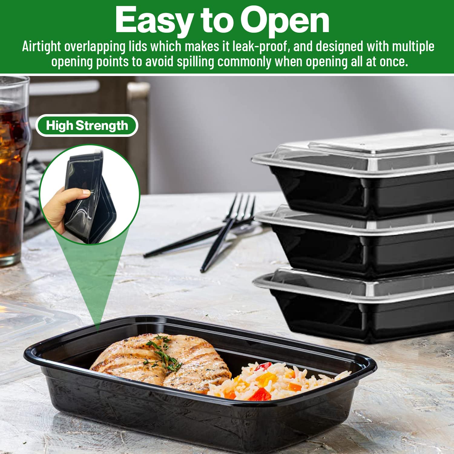 Contenitori per alimenti con coperchi, scatole Bento, contenitori per alimenti (88 once, nero, 50 pezzi, in plastica)