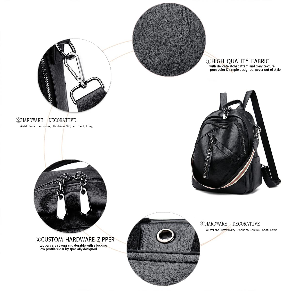 BUKESIYI Femme Sac a Dos Sacs à Main PU Cuir Antivol portés Bandoulière Original Élégant Marque FR78196 Noir