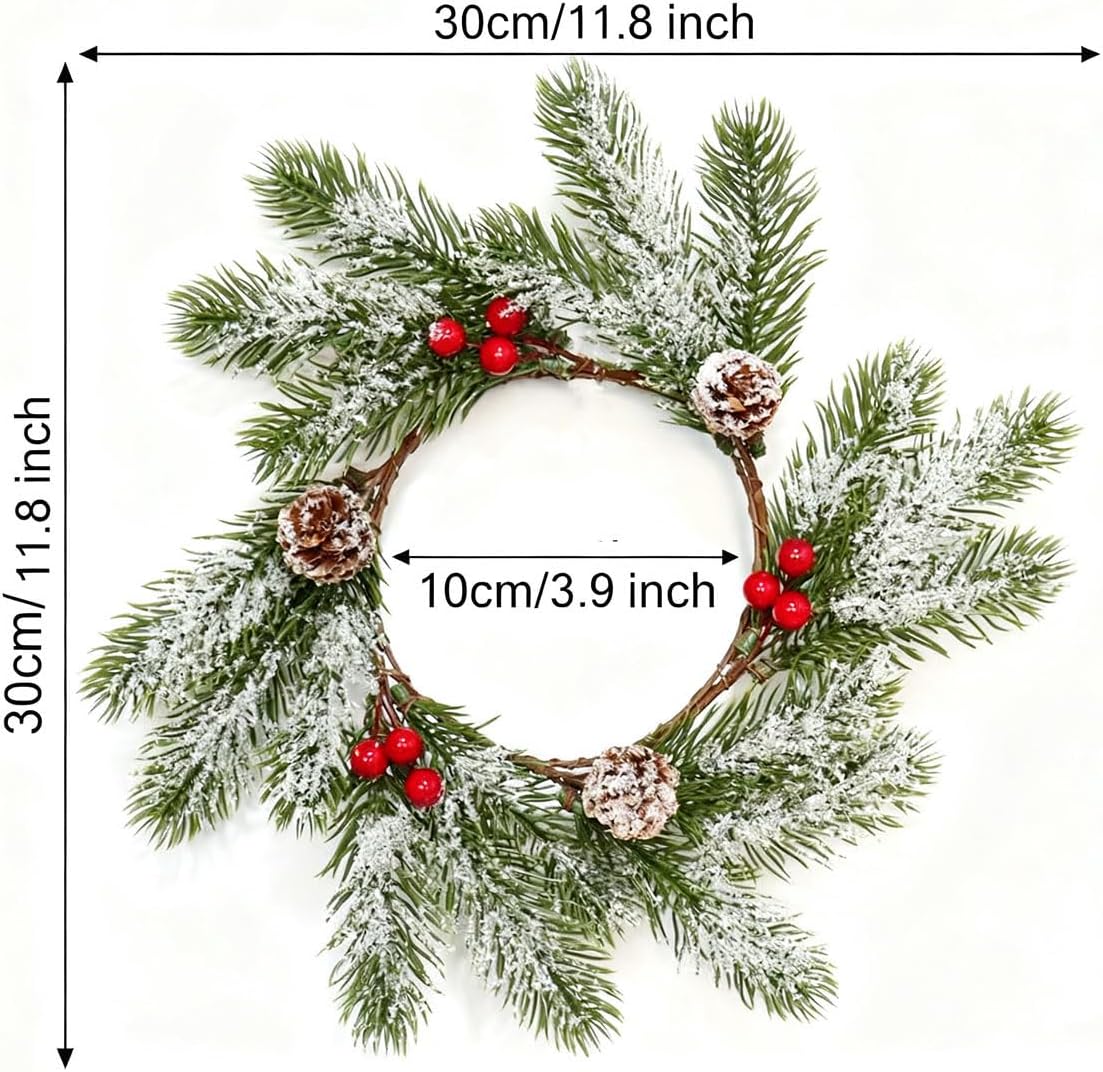 2 Pcs Christmas Candle Rings - Frosted Pine Garland with Red Berries and Pinecones, Mini Artificial Wreaths 11 Inch Xmas Snowy Pine Garland Candle Ring Holder for Table Centerpieces Wedding Decoration