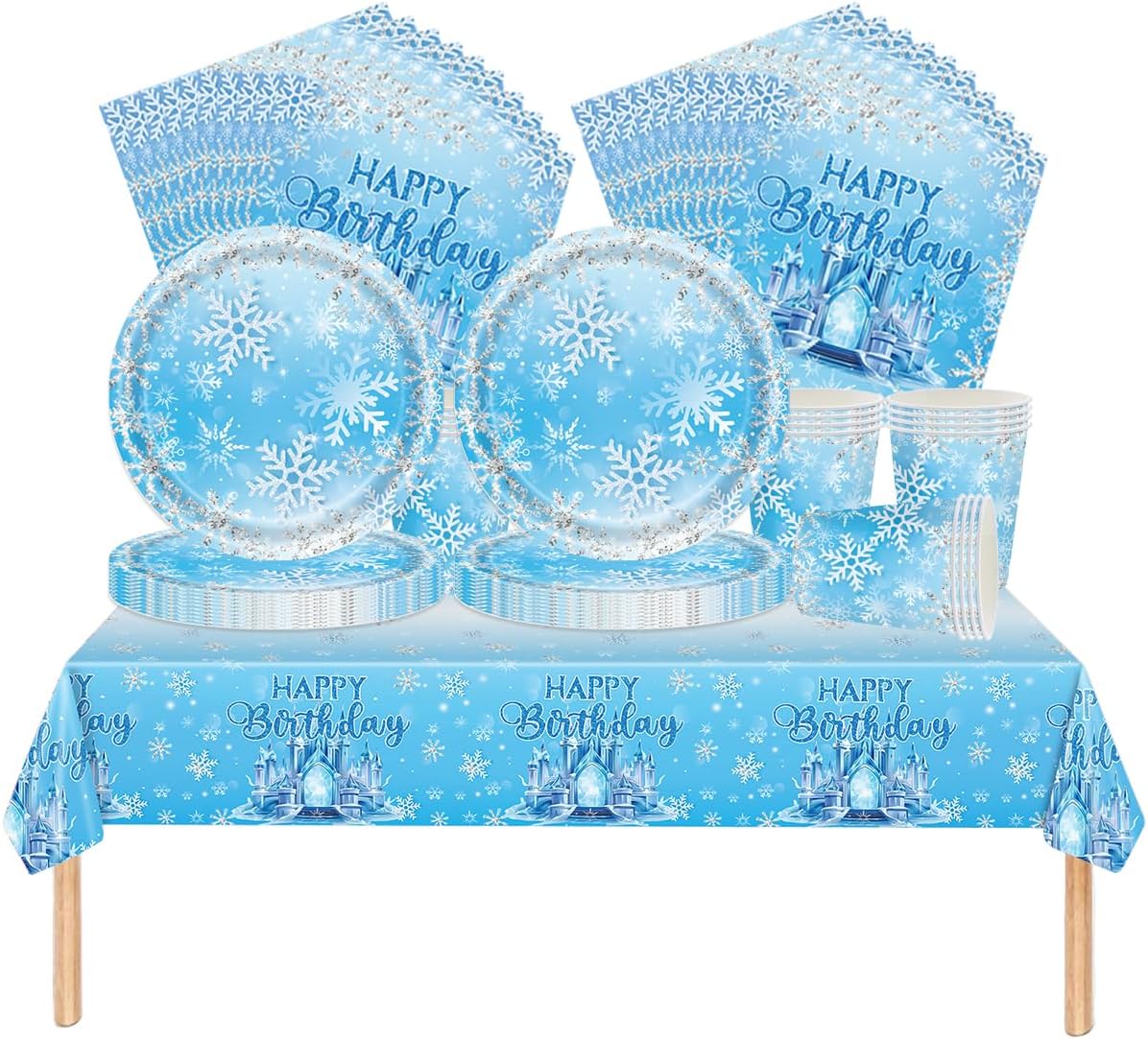 Snowflake party tableware, 61 piece Frozen children's birthday cutlery, Ice Castle theme party decoration supplies set, Includes paper cups, plates, napkins and tablecloths