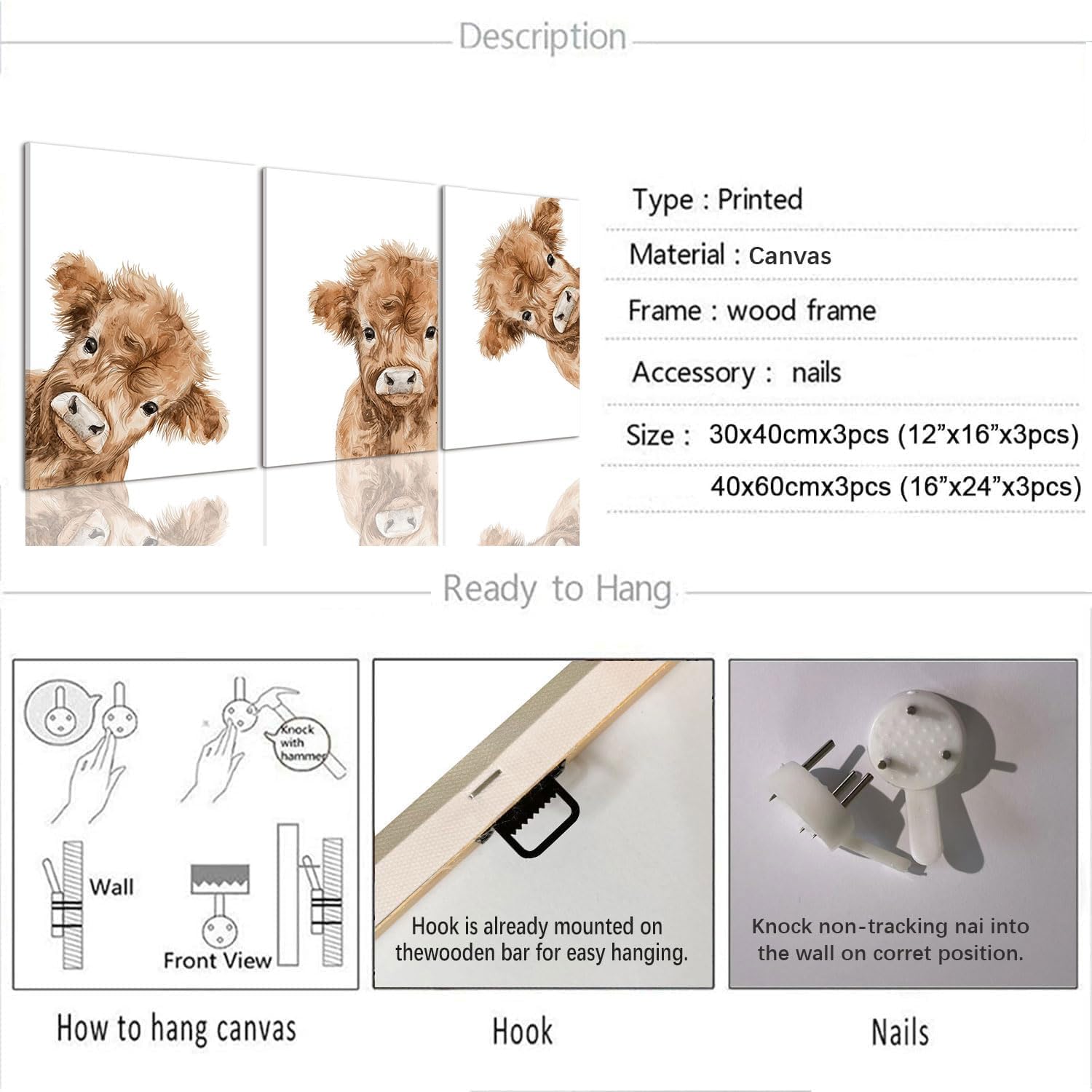 AOYUSMO 3 Piece Cute Highland Cow Canvas Wall Art Nursery Funny Animal Framed Wall Art Baby Cow Pictures Wall Decor Kids Animals Art Prints for Children's Room Bedroom 16"x24"