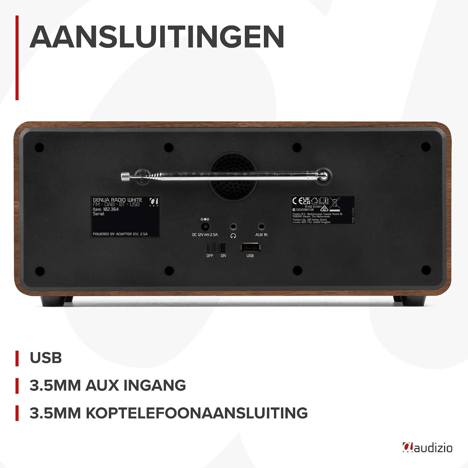 Dèyè view of the Audizio Genua DAB Radio, highlighting the antenna, USB port, AUX input, headphone jack, DC power input, and power switch.