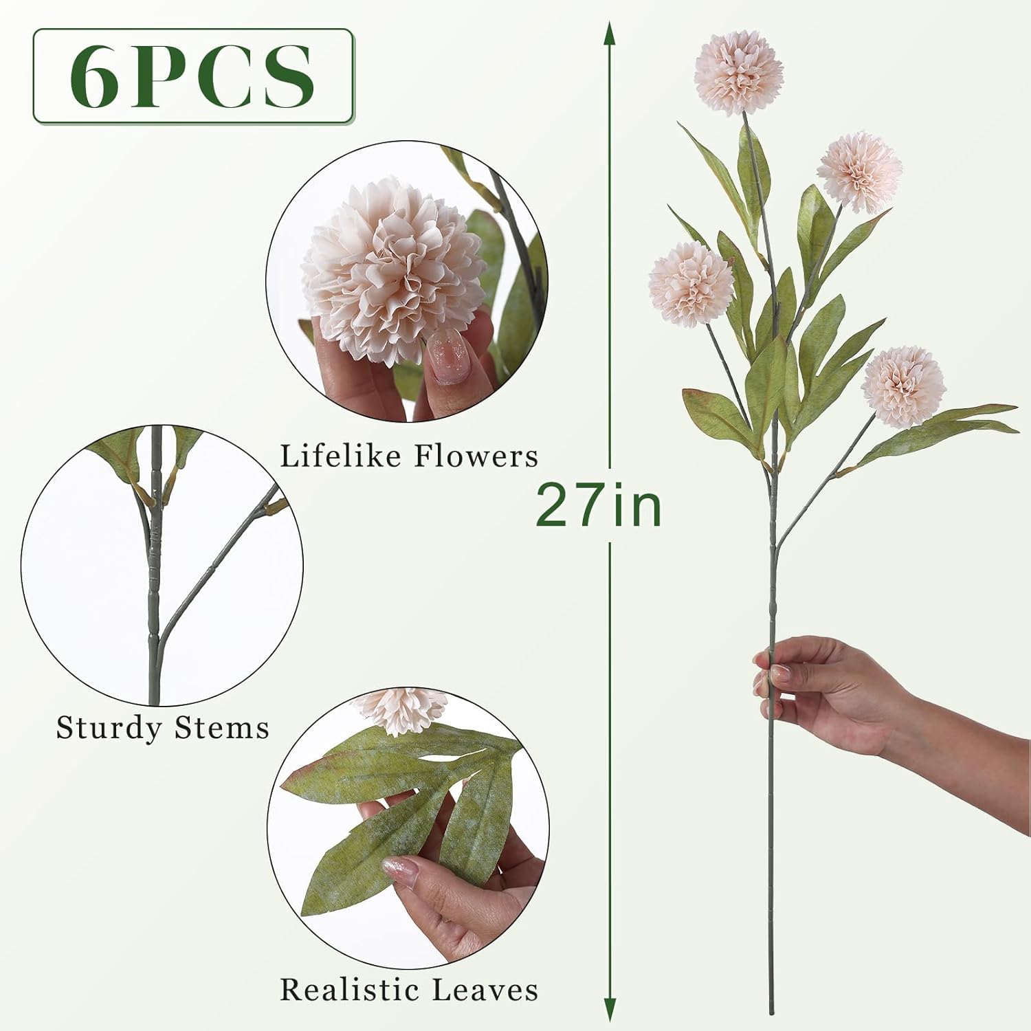 VIERENA 6 Pcs Faux Silk Pompon Mum Artificial Flowers for Vase -27", Bulk Fake Chrysanth Branches with Stems for DIY Bouquet Centerpieces Wedding Fillers Arrangements Shower Decorations (Beige) - Image 5