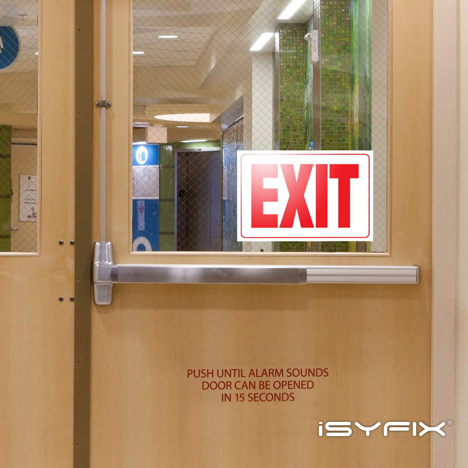iSYFIX Calcomanías de señales de salida, paquete de 2 unidades, 10 x 7 pulgadas, vinilo autoadhesivo de alta calidad, laminado para máxima resistencia a los rayos UV, a la intemperie, a los arañazos