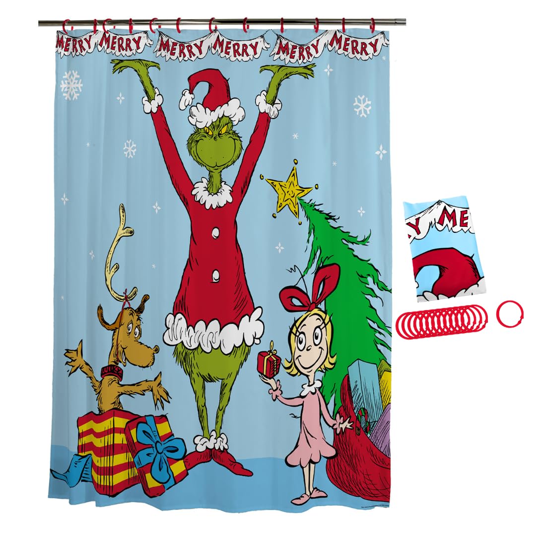 Franco Dr. Seuss The Grinch Holiday 13 Piece Shower Curtain and Ring Set, (100% Officially Licensed Product)