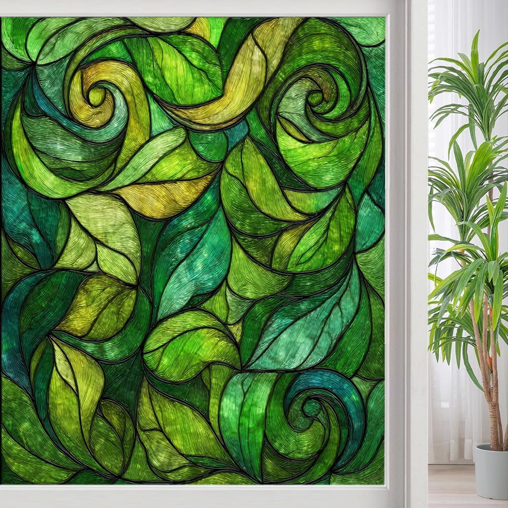 Swirled Green Leaf Privacy Window Film, Abstract Botanical Texture Frosted Self-Adhesive Vinyl Cling for Glass Doors Bathroom Windows Sun Blocking Heat Control, 27.6Wx39.4L inch