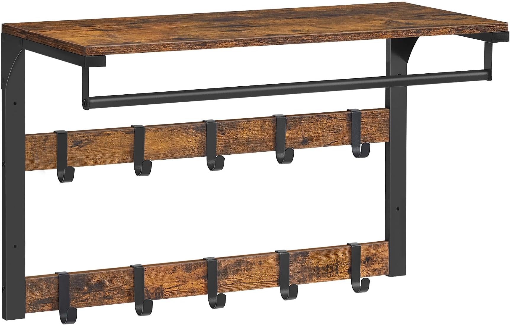 VASAGLE Coat Rack Wall Mounted, Coat Hooks, 10 Removable Hooks and Hanging Rail, for Entryway, Hallway, Bedroom, Bathroom, Living Room, Rustic Brown and Black LCR101B01