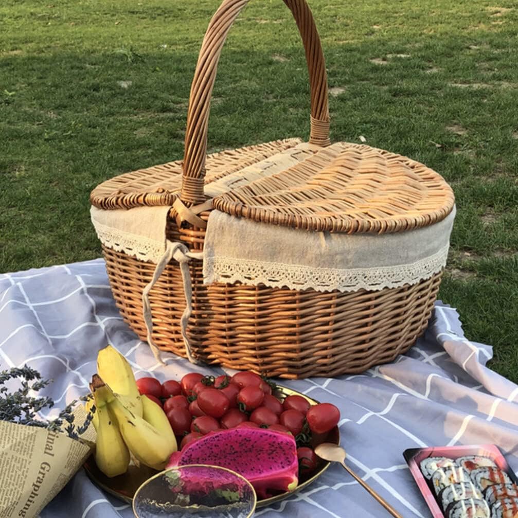 Wicker Picnic Basket with Lid Empty Picnic Basket with Liner Handle Outdoor Camping