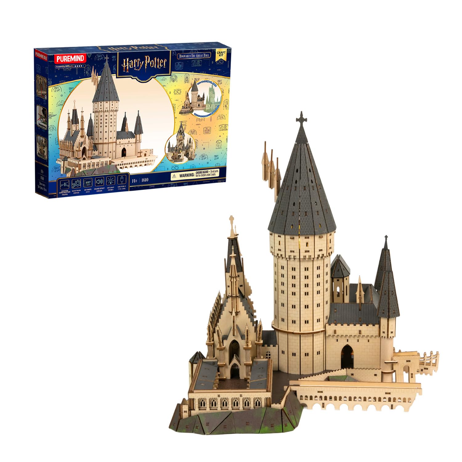 PUREMIND Harry Potter Gran Comedor de Hogwarts, Puzzle 3D de Madera Modelo | Licencia oficial, regalo Harry Potter, escalera móvil, luces, música, Gran Comedor detallado, montaje DIY, pieza de colección