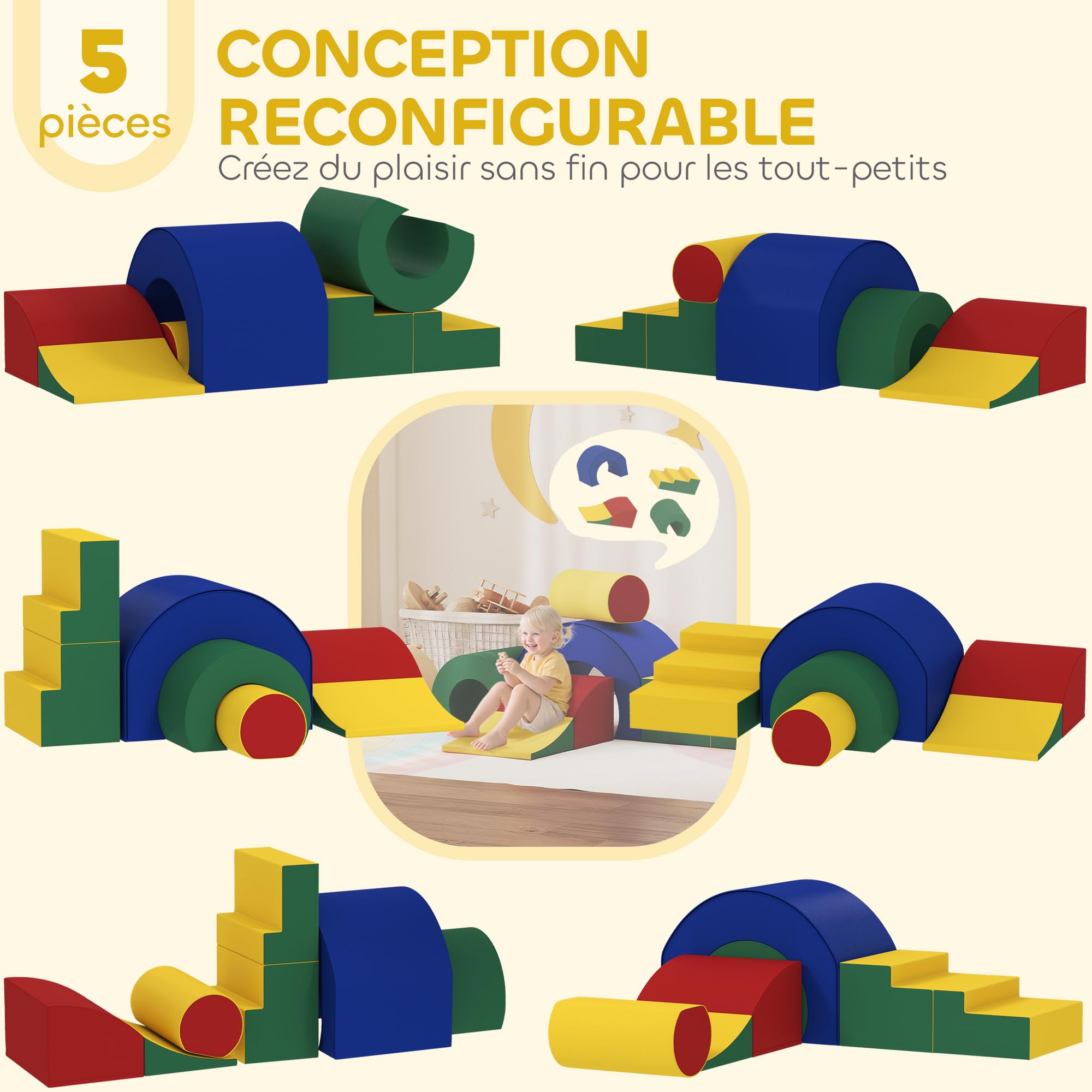 AIYAPLAY Parcours Motricité Bébé Modulable Jouets d'escalade Multicolore | Mousse Blocs de Construction Jouets Éducatifs, 5 Briques Géantes en Mousse, Coins Arrondis, pour Enfants 6 Mois à 6 Ans