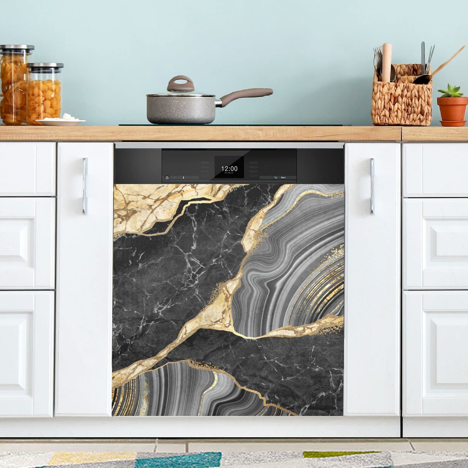 Poeticcity Multi 12 Black Gold Grey Marble Stone Marbled Texture Mosaic With Golden Veins Dishwasher Fridge Sticker Magnetic Door Front Cover, Reusable Refrigerator Magnet Sheet Kitchen Appliances Decor 23"X 26"
