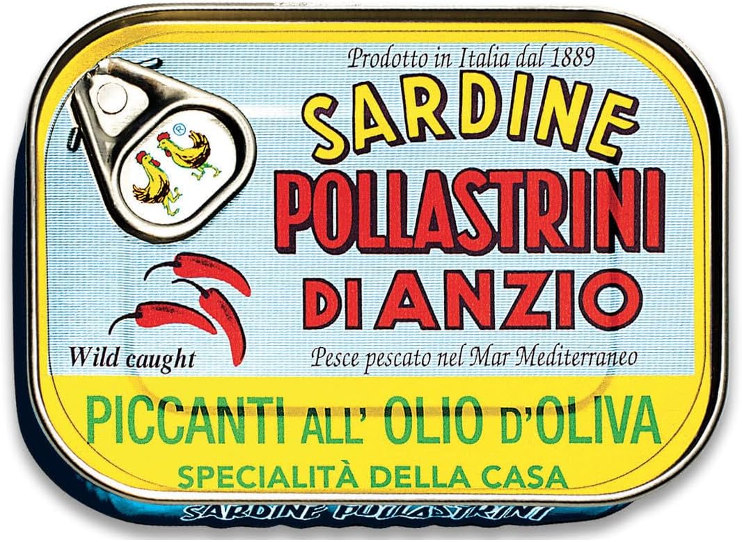 Pollastrini Di Anzio Italian Sardines in Olive Oil with Chili Peppers 100 Gram Tin