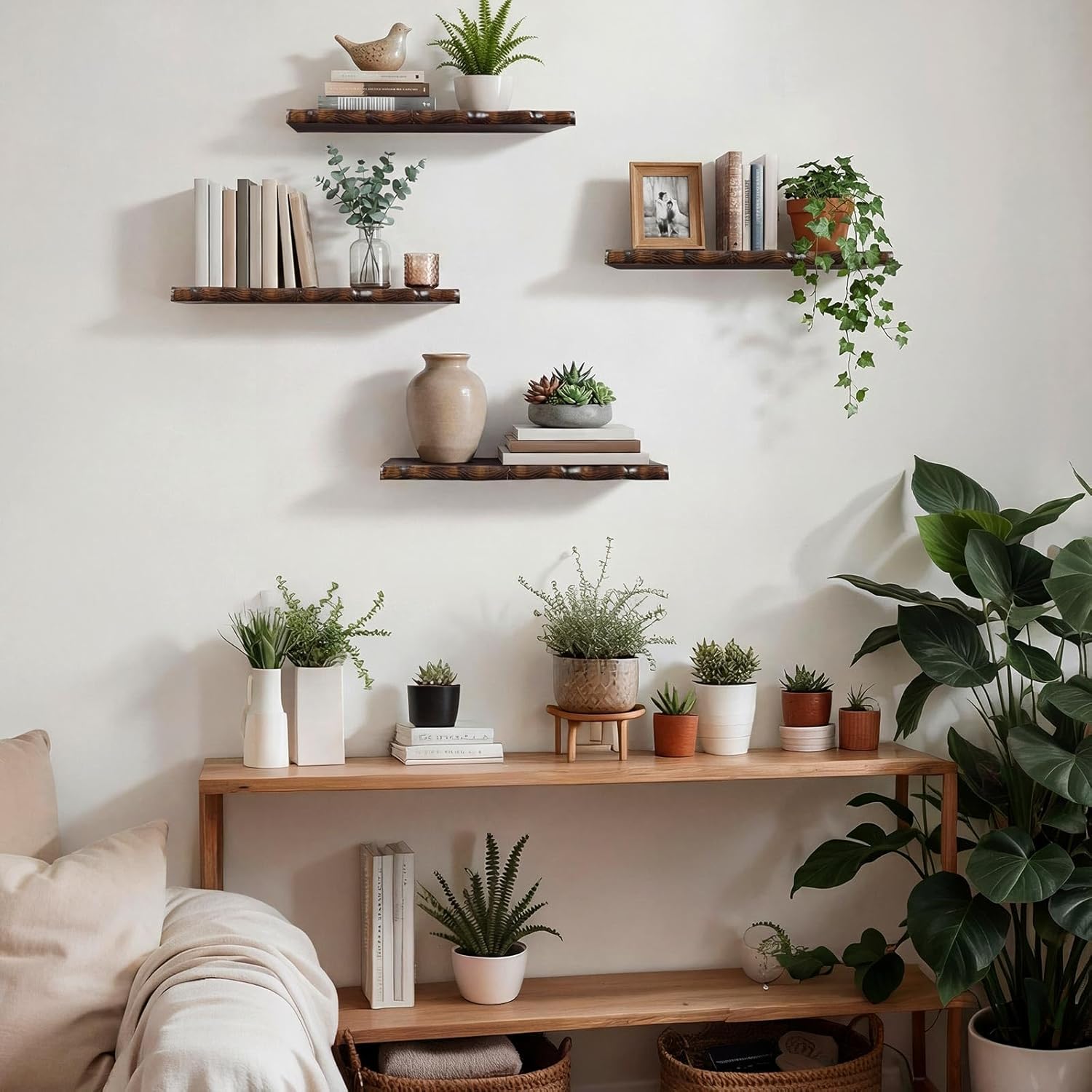 Pinkunn 4 Pcs Floating Shelves for Wall Rustic Wooden Floating Shelf Wooden Shelves for Bathroom Living Room Bedroom Kitchen Wall Mounted Live Edge Pine Shelf(Walnut Wood Color,15.75 Inches)