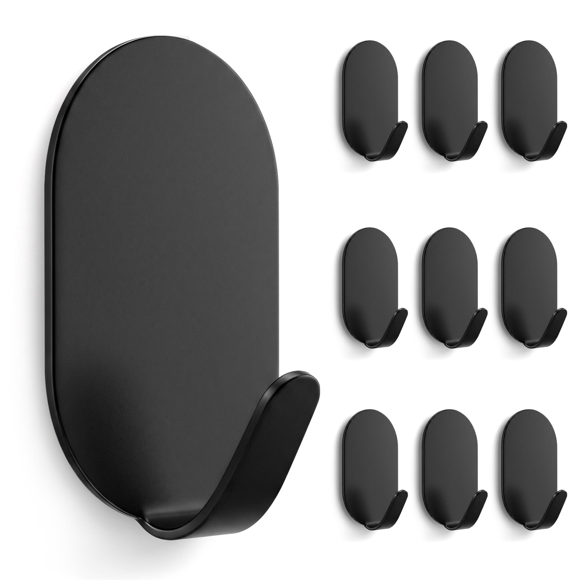 Menylon Black Hooks Self Adhesive 10 Pack, Small Wall Hooks Stick on Heavy Duty for Key Hat, Stainless Steel Extra Strong Sticking Hooks No Nail for Back of Door, Hanging Coat Cloth Towel