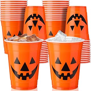Meanplan 50 Pcs Halloween Party Plastic Cups 12 oz Jack-o-lantern Orange Disposable Drinking Cups Trick or Treat Party Plastic Glass for Beverage Coffee Juice Hot Coco Cold Snack and More