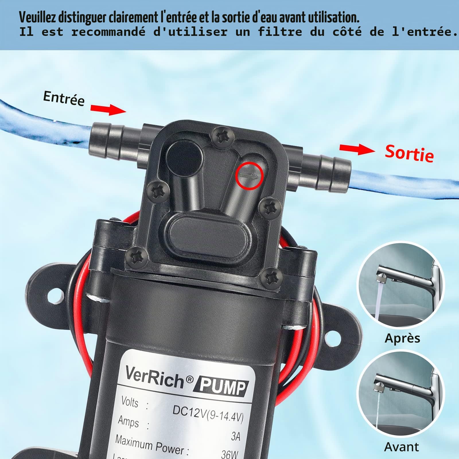 Pompe à membrane,VerRich Pompe de pulvérisateur à amorçage automatique de la pompe à eau CC 12 V 36W 3A à amorçage automatique 3,5 L/Min 0.77MPA 73 PSI