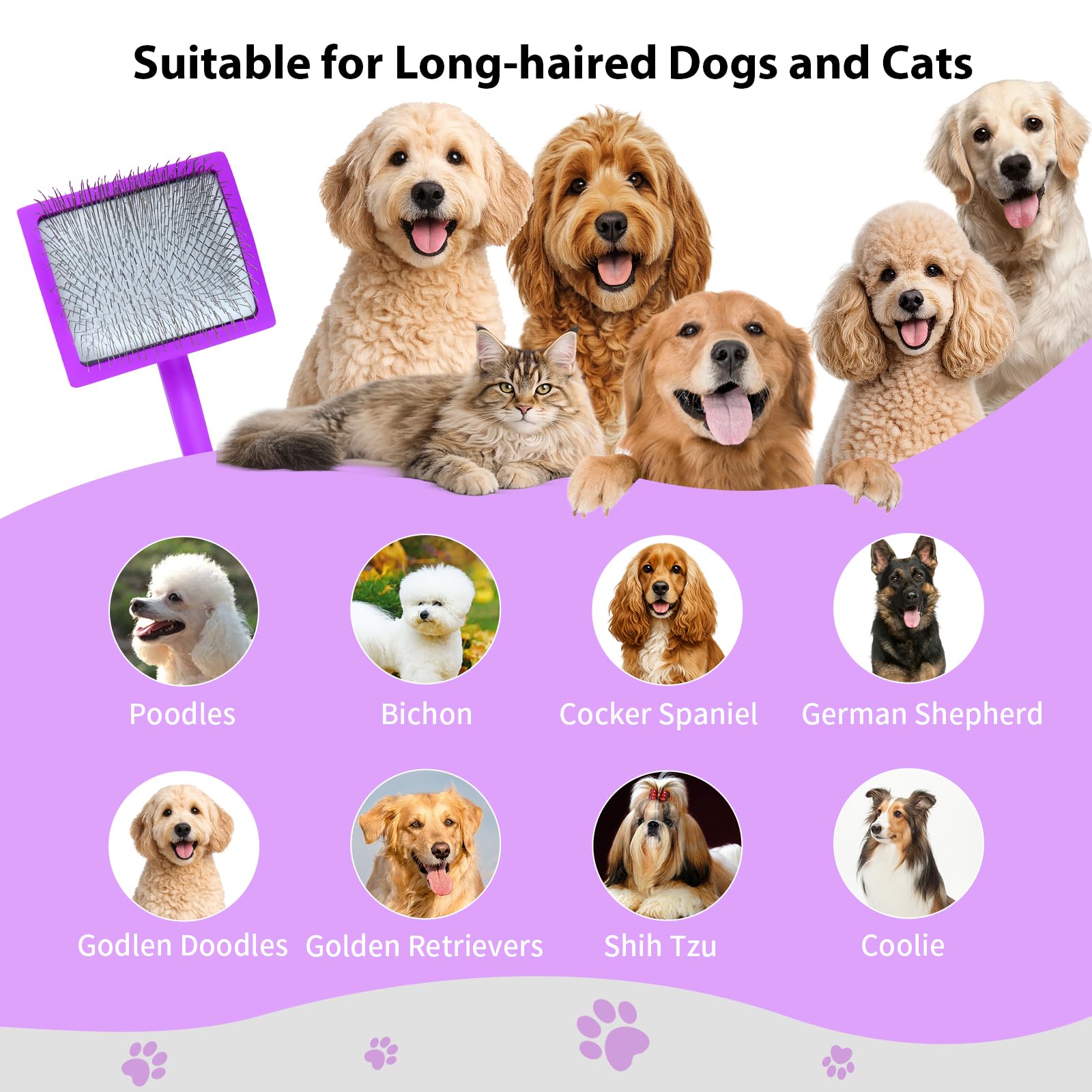 Juego de cepillo para perros y peine de acero inoxidable para pelar y asear perros medianos y grandes, largos o gruesos, garabatos y gatos, cepillo de 1 pulgada con mango ergonómico de madera
