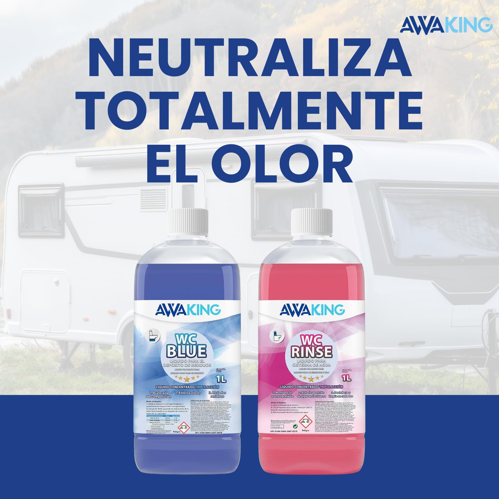 Przenośna toaleta chemiczna, podobna do Aqua KEM Blue, 1 l + Rinse 1 l, płyn chemiczny WC, czarna woda, cysterna i szara woda, kamper, Potti, czarna woda, samochód kempingowy, zbiornik na odpady