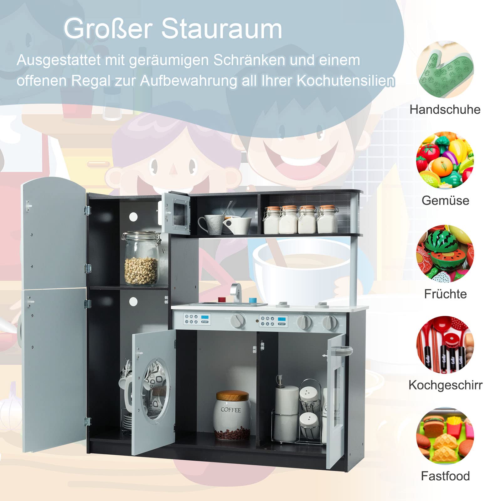 COSTWAY Kinderküche Aus Holz – Mit Spüle, Herd, Backofen & Mikrowelle