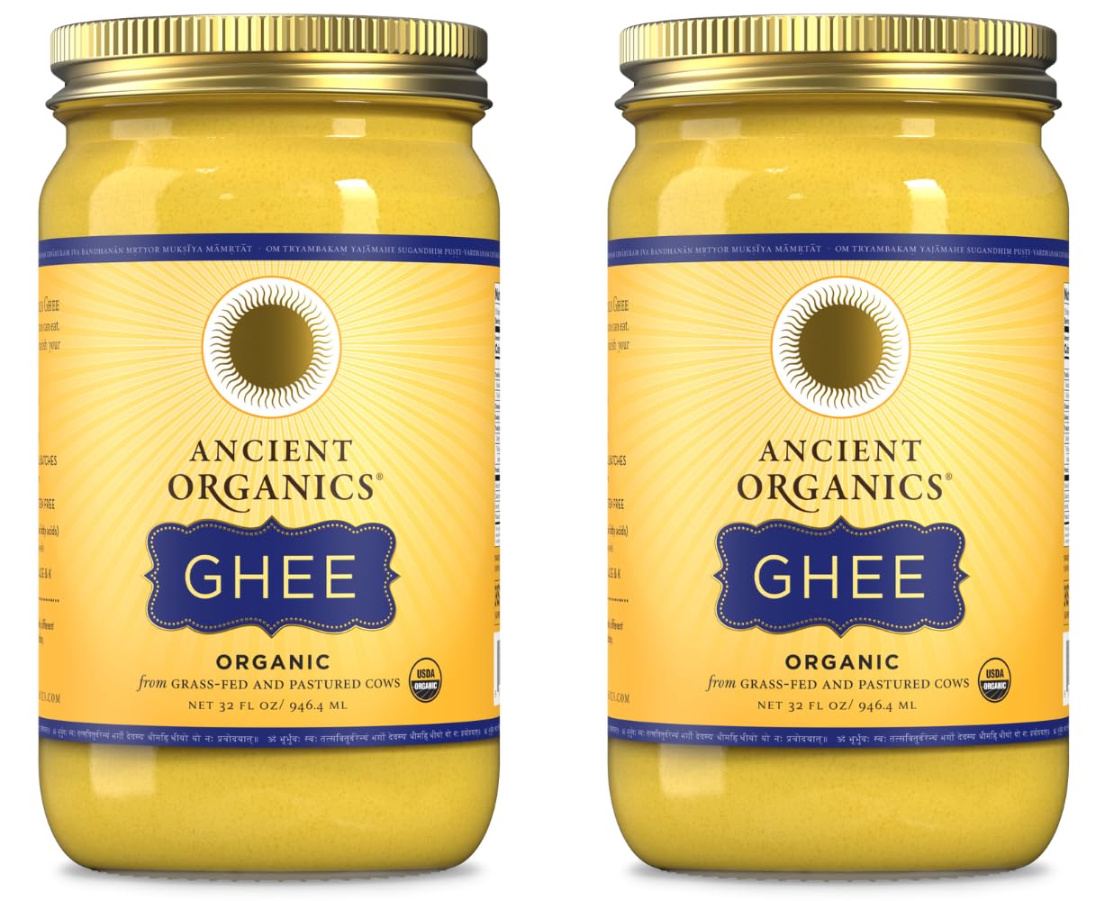 Ancient Organics Ghee – Gluten-Free Grass-Fed Clarified Kosher Vegetarian Ghee Butter with Vitamins & Omegas, Non-GMO, Lactose Free, 100% USDA Certified Organic, Made in USA – 32 Fl Oz 2-Pack