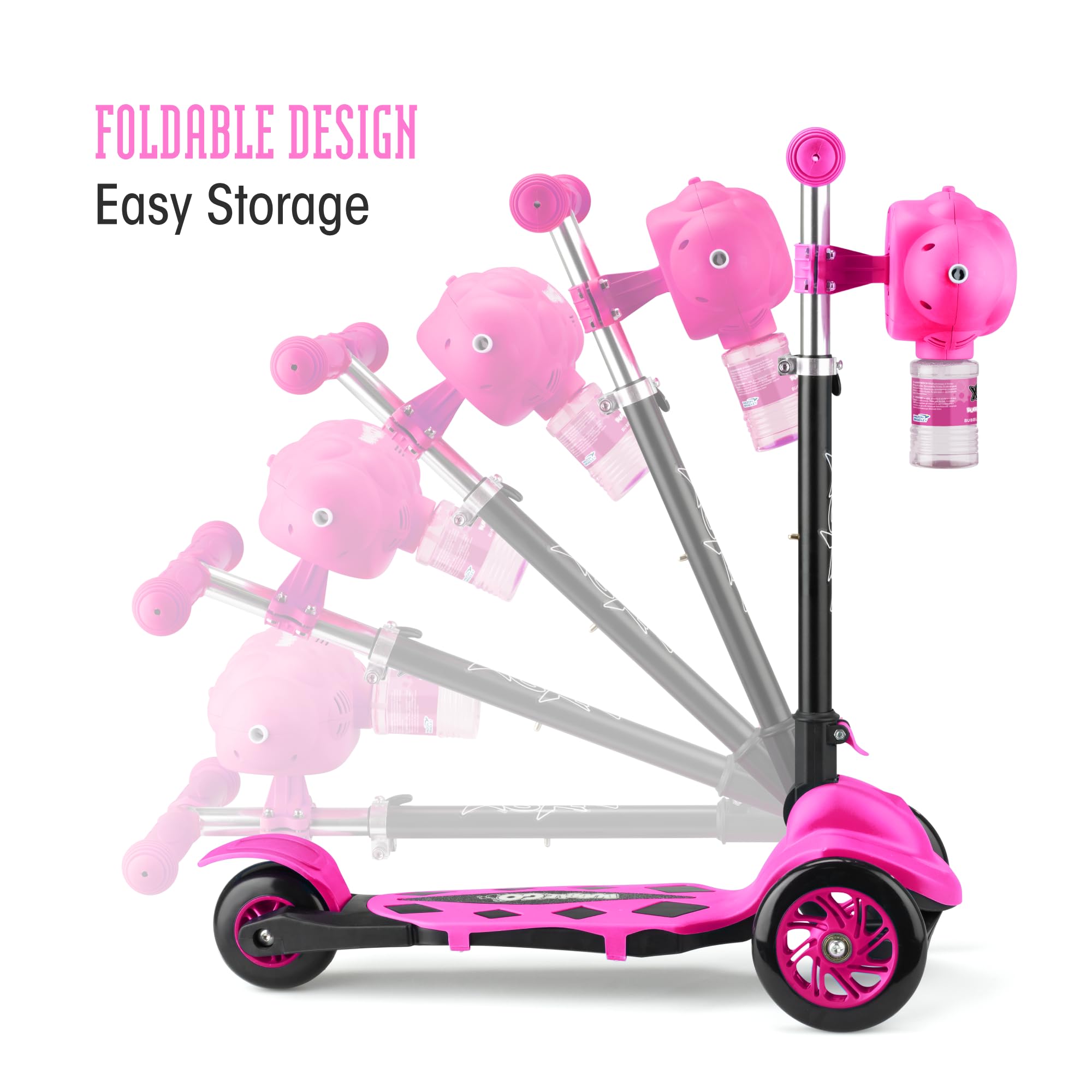 Xootz Kids Bubble Go Faltbarer Tretroller 3 Räder Tri-Scooter mit Seifenblasenmaschine Neigung und Drehung Alter 3+ Rosa | 3-Rad-Kinderroller mit Seifenblasenmaschine, verstellbar, faltbarer Tri-Scooter für Kleinkinder, Balance und Lean to Steer