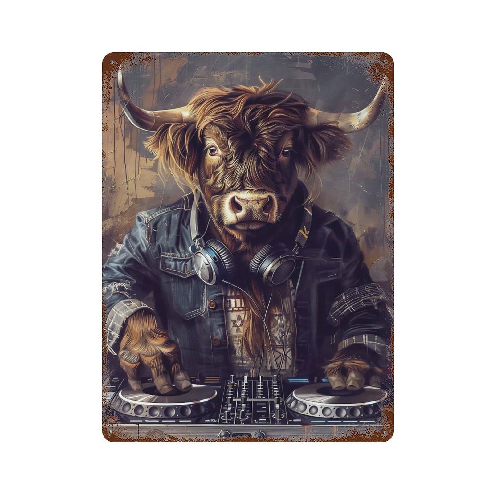 DJ Bull Illustration Weathered Tin Sign 15.7"x11.8", Vintage Wall Decor for Garage, Pub Or Kitchen