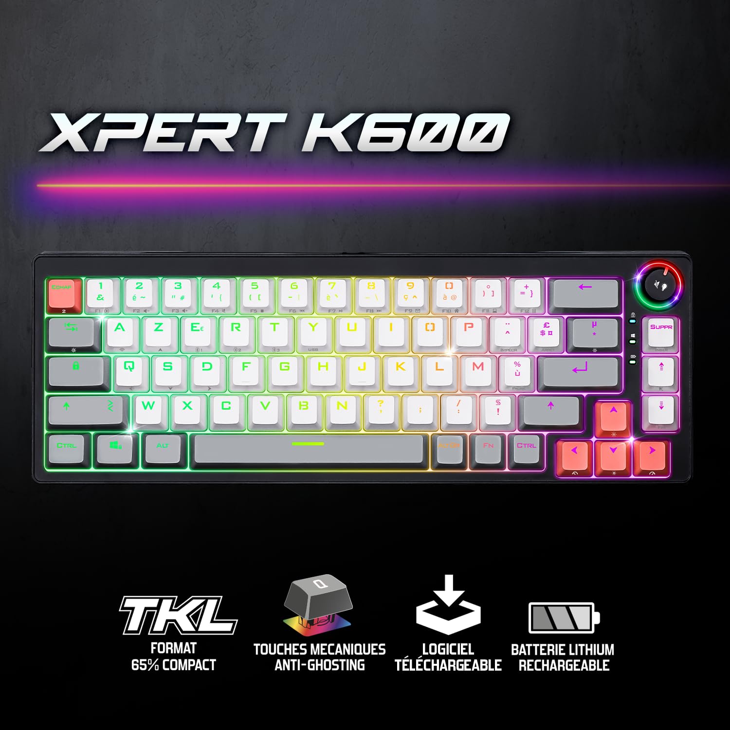 Spirit Of Gamer - XPERT K600, Clavier Gamer TKL sans Fil 65% Mécanique AZERTY, Switchs Rouges, Bluetooth, RF 2.4 GHz et Filaire USB, RGB 22 Modes, Anti-Ghosting 100%, Autonomie 200 Heures, Noir