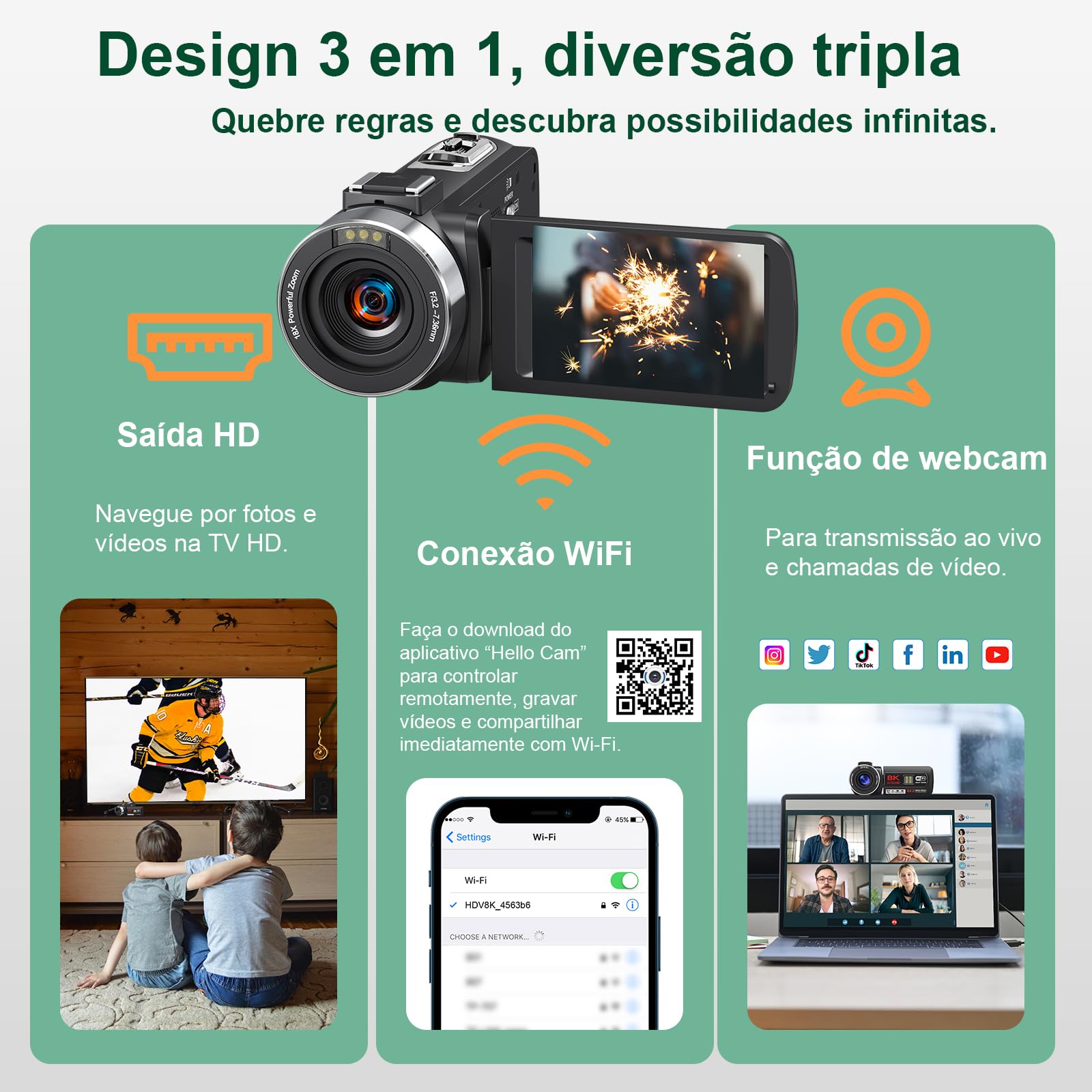 Câmera de vídeo digital 8K, 64MP,Transmissão WiFi, Zoom de 18X