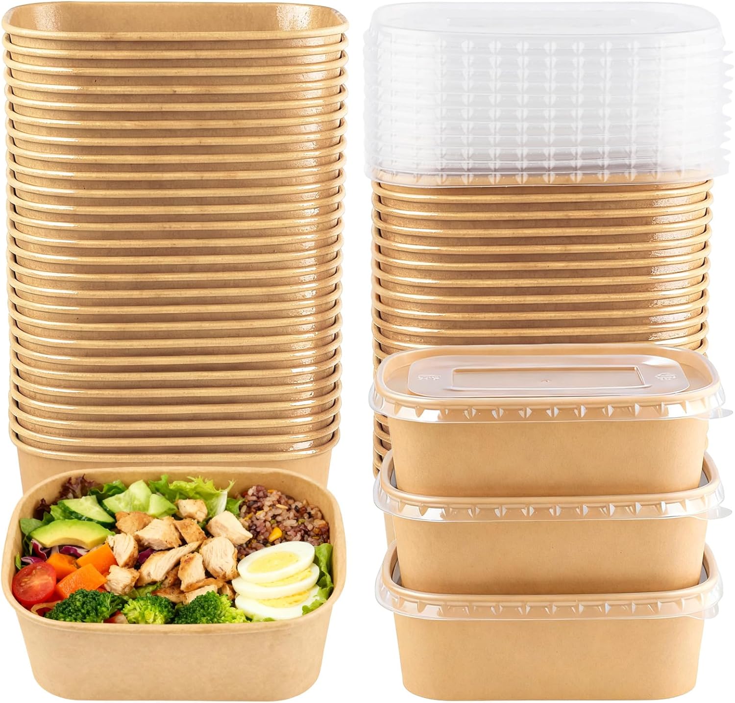 50 Pack 25 oz Disposable Kraft Paper Bowls with Lids, Rectangle Paper Food Containers, Meal Prep Containers for Hot/Cold Food, Soup, Takeout, Microwave Safe, Party Supplies Treat Bowls