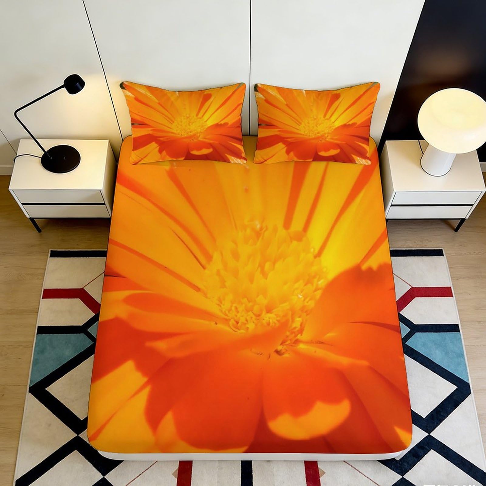 Jwndfkpvxzgl Style-4 3D Printed Orange Flower Fitted Sheet Microfiber Vibrant Bedding Sunburst Bed Cover For Bedroom Dorm Decor 90X200x25cm