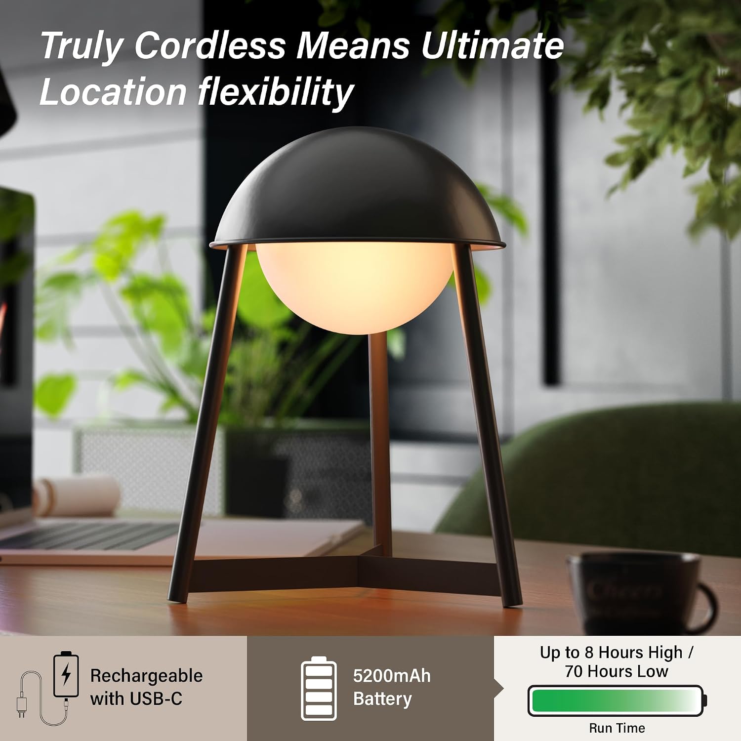 Bulbrite K70105 Kibun Helmet Rechargeable Cordless LED Table Lamp, 3-Levels Brightness Touch Sensor Control, Black