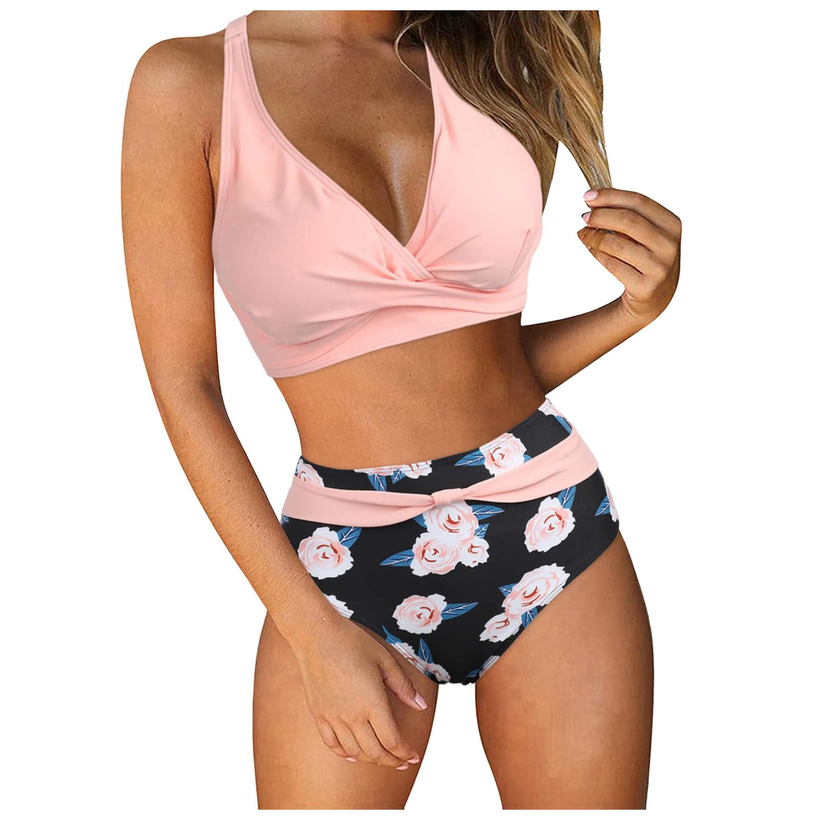 Generisch Bikini pour femme - Maillot de bain - Maillot de bain 2 pièces avec haut push-up - Maillot de bain deux pièces avec imprimé froncé, Rose, M