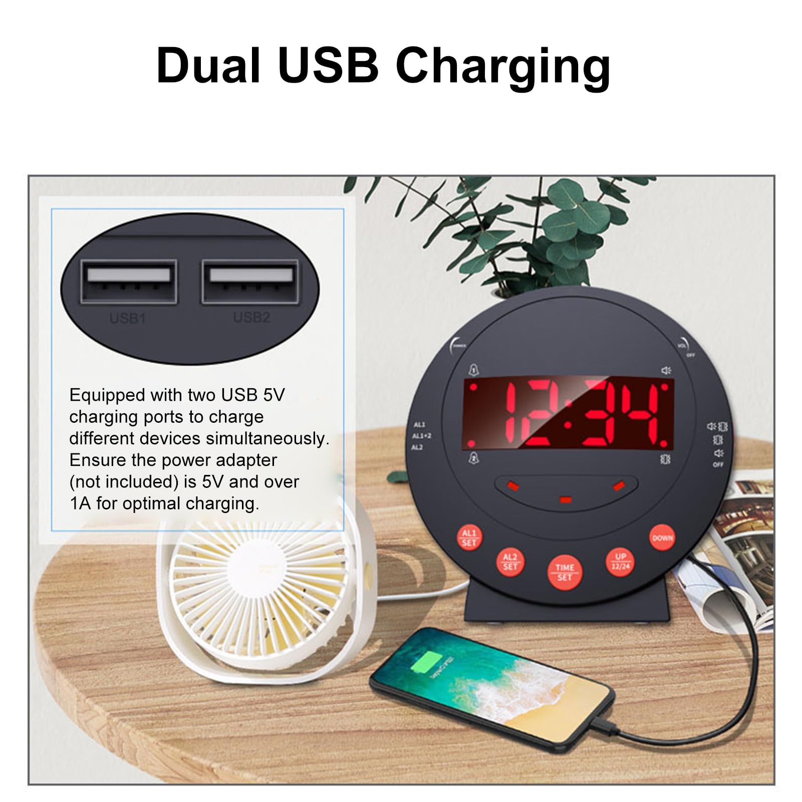 TARSHYRY Reloje de Alarma Fuerte con Agitador de Cama, Despertador Vibratorio con Pantalla LED para Durmientes Pesados/Dureza de Audición/Sordos/Adolescentes, Brillo/Volumen (Black)