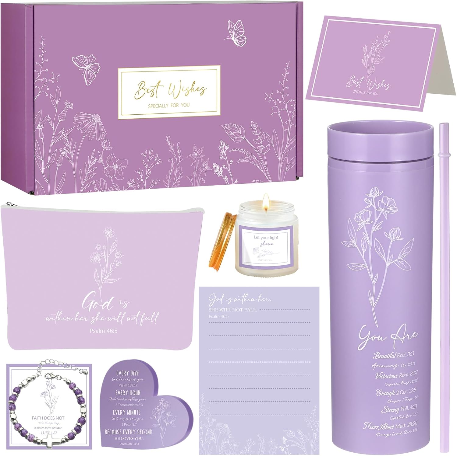 9 Pcs Purple Christian Gift Basket Set for Women Faith Inspirational Religious Gifts Catholic Christian Tumbler Canvas Makeup Bag Gifts Basket Set for Women Mom Wife Sisters Friend - Image 7